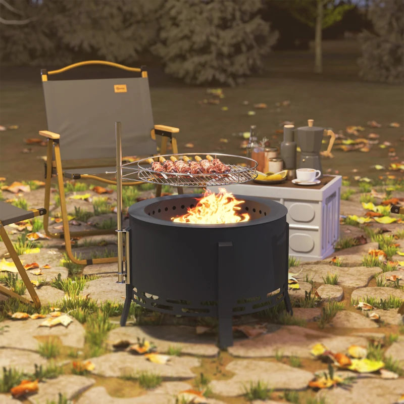 Portable 58 cm Round Fire Pit with Grill Grate, Ash Catcher & Poker for Camping, BBQ