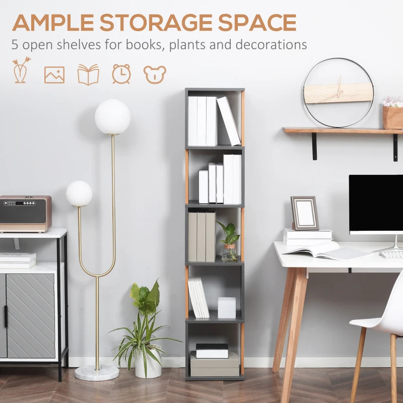Modern 5-Tier Bookshelf - Freestanding Bookcase for Living Room, Home Office & Study - Stylish Brown & Dark Grey Storage