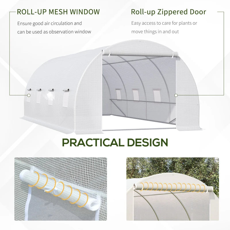 Green Walk-In Polytunnel Greenhouse, Metal Frame, Zippered Door, 8 Windows - White