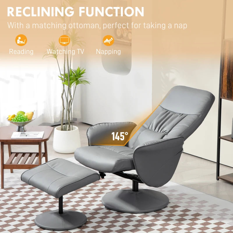 Light Grey Swivel Recliner Chair with Footstool – PU Leather Armchair and Ottoman for Living Room Comfort