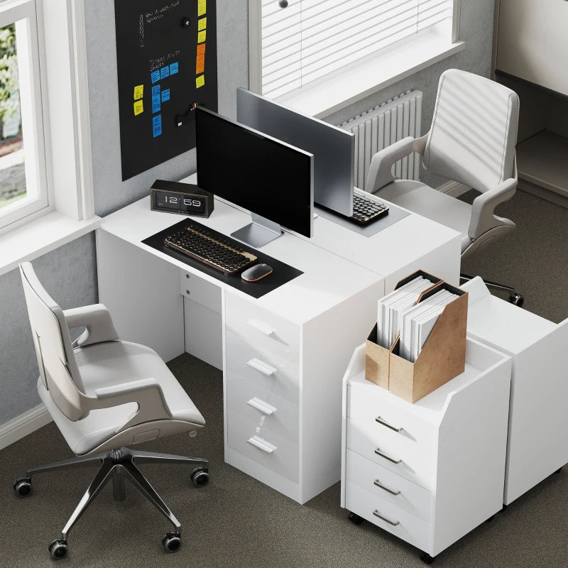 Modern White Computer Desk with Drawers - High Gloss Home Office Writing Workstation & Stylish Dressing Table