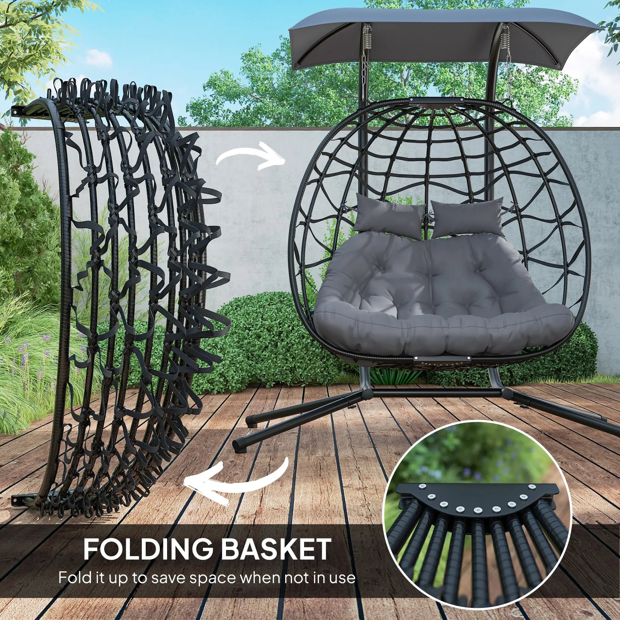 Rattan Double Hanging Egg Chair with Canopy - Foldable Swing/Egg Chair with Cushion, Head Pillows, Stand & Steel Frame