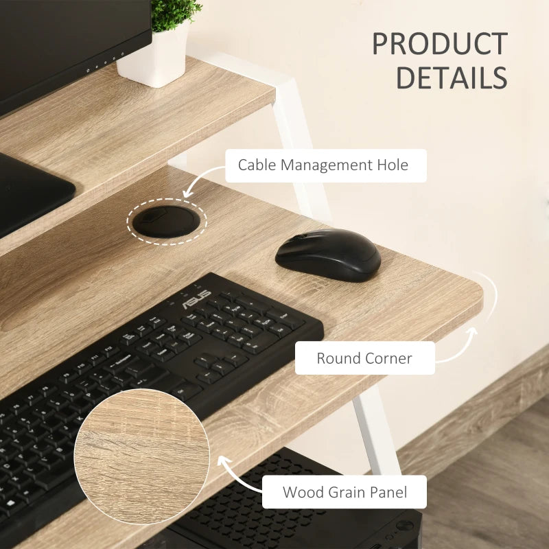 Modern White and Oak Writing Desk - 84L x 45W cm Home Office Computer Table with Storage Shelf for PC & Laptop