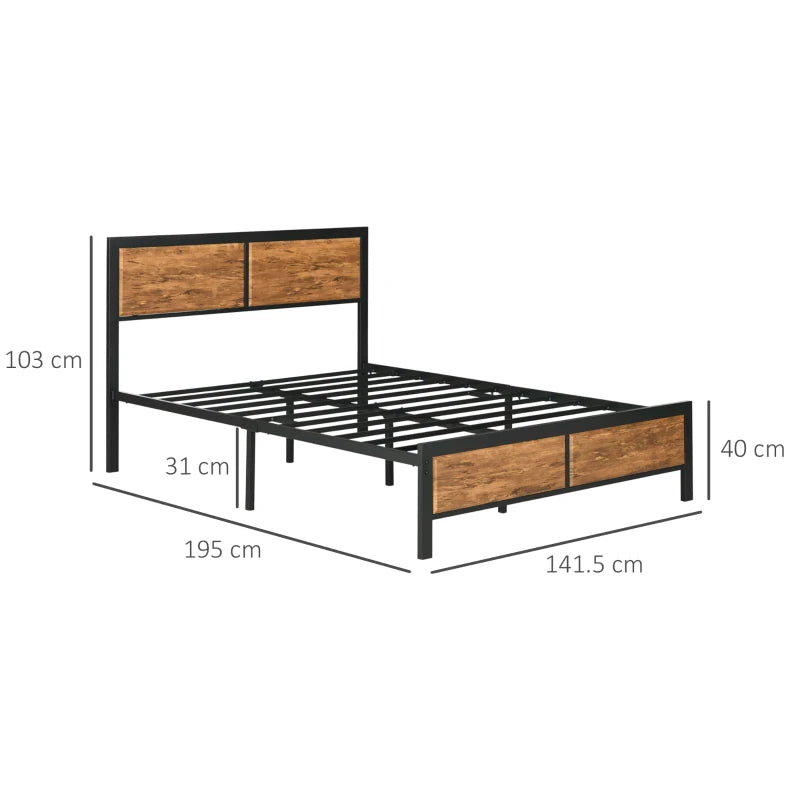 Industrial Double Bed Frame 5FT Steel Base with Headboard & Footboard, Slatted Support, Under Bed Storage, Rustic Brown 142x195cm