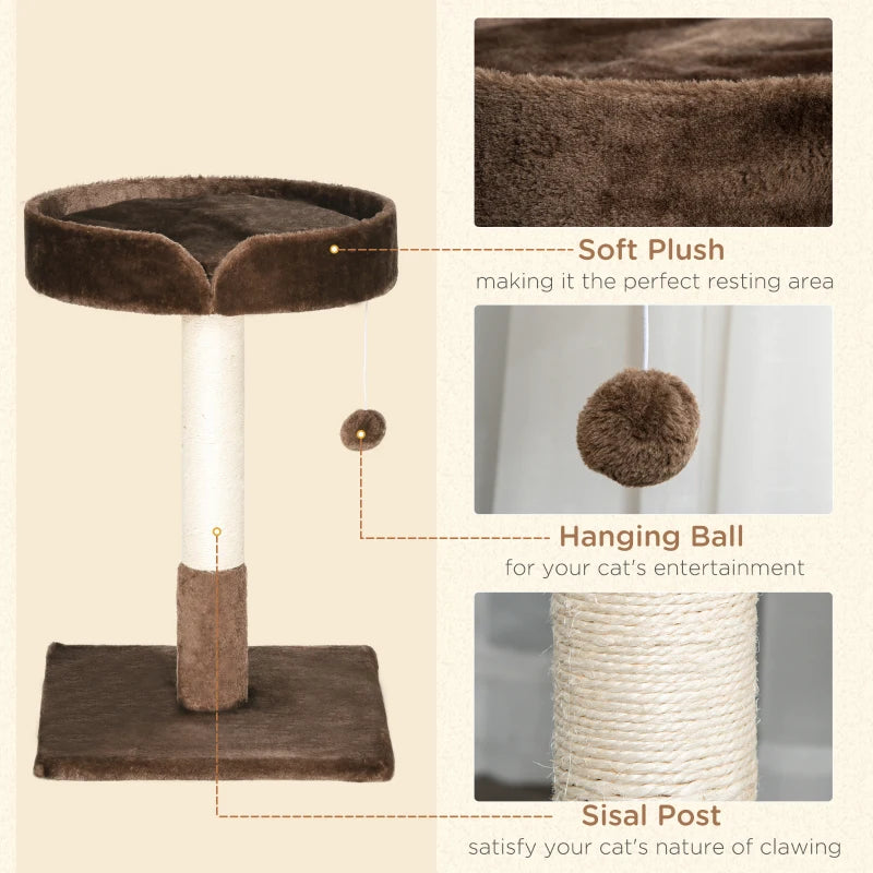 Small Cat Tree for Indoor Cats - Sisal Scratching Post, Kitten Bed, Ball Toy - Brown, 45x45x70 cm
