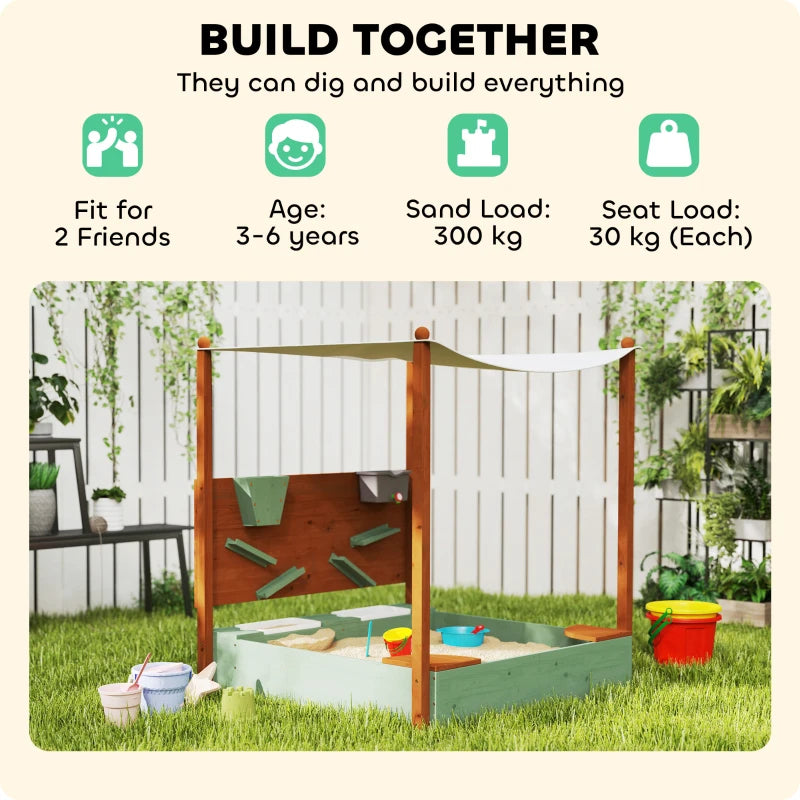 Wooden Sandpit with Canopy and Storage Bins for Kids Outdoor Play 116x112.5x128 cm Green