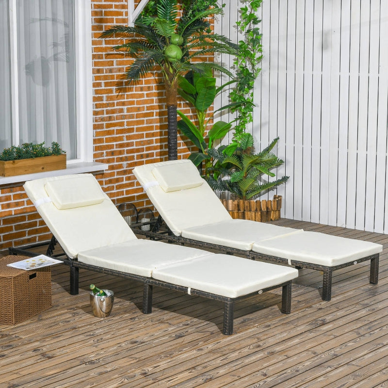 Brown/Cream Reclining Rattan Sun Loungers Set with Cushions