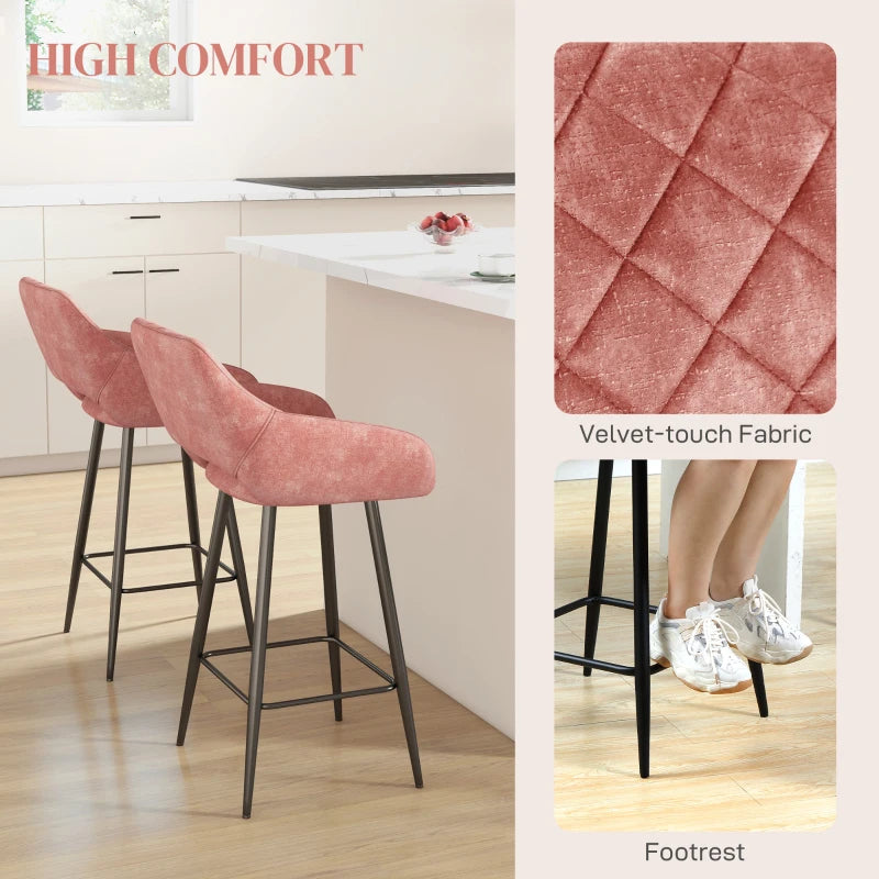 Set of 2 Pink Velvet-Feel Bar Stools - Stylish Modern Seating for Kitchen, Dining Room, or Home Bar