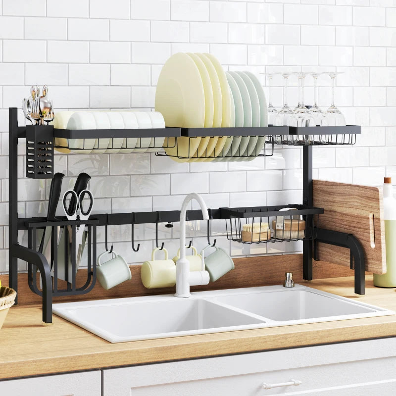 Space Saving 2-Tier Adjustable Dish Drainer Rack Over Sink - Black Dish Drying Organizer for Kitchen