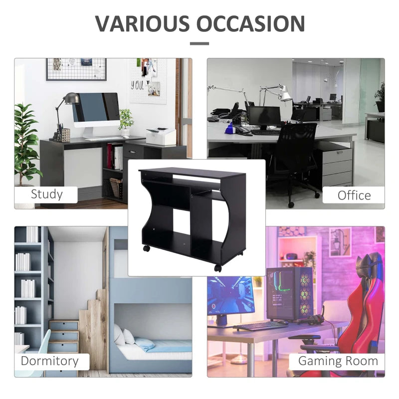 Multi-Storage Compact Work Desk on Wheels - Stylish Black Home Office Furniture for Small Spaces
