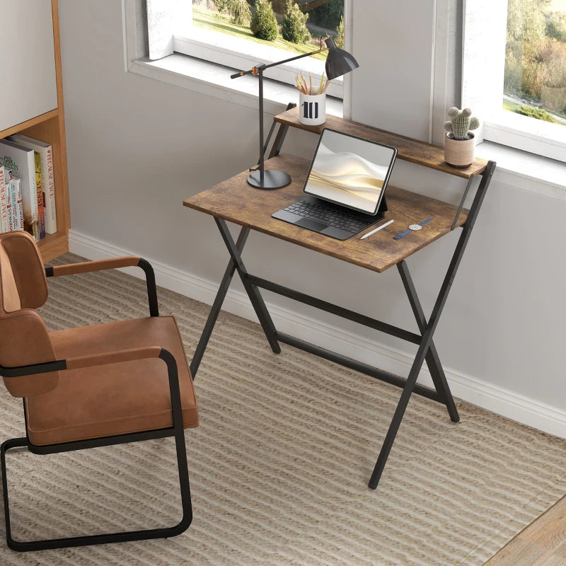 81.5 cm Rustic Brown Folding Computer Desk with Monitor Shelf - Space-Saving Home Office Furniture