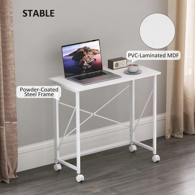 Versatile 80 cm Folding Desk on Wheels - Space-Saving White Home Office Table for Easy Mobility and Storage