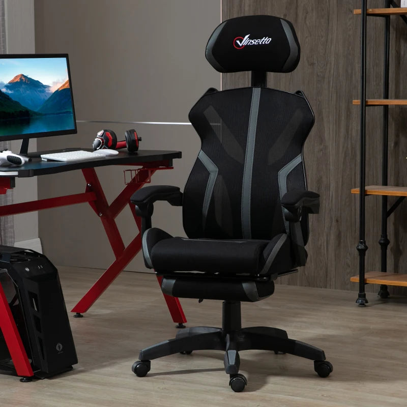 Vinsetto Ergonomic Mesh Office Chair with Footrest & Lumbar Support - Adjustable Height, Swivel Wheels, Black Grey