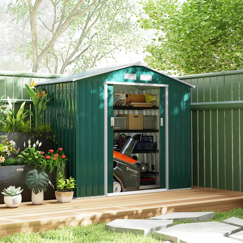 Green 7ft x 4ft Lockable Metal Shed with Ventilation Slots, Foundation Kit and Lockable Double Doors