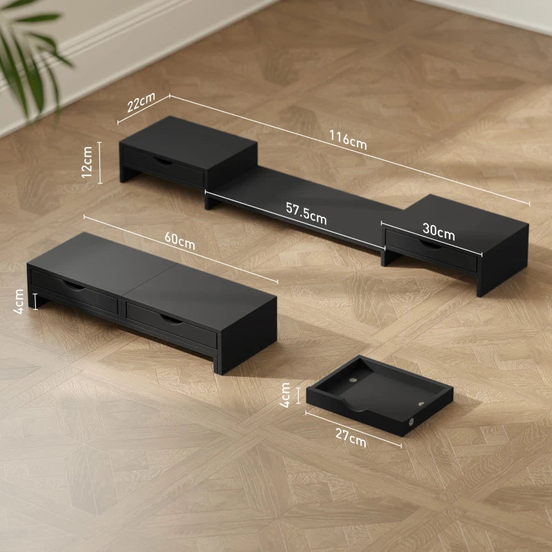 Dual Monitor Stand Riser with 2 Drawers - Adjustable Length & Angle, 116cm for Laptop, PC, Printer - Black