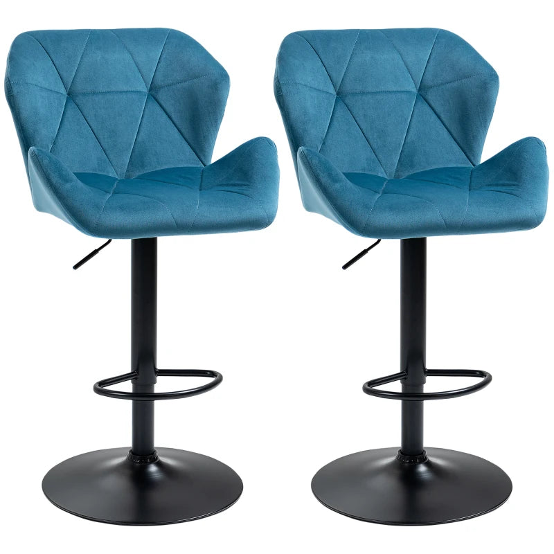 Luxurious Velvet Bar Stools Set of 2 - Adjustable Height Swivel with Metal Frame, Round Base, Blue Triangle Design