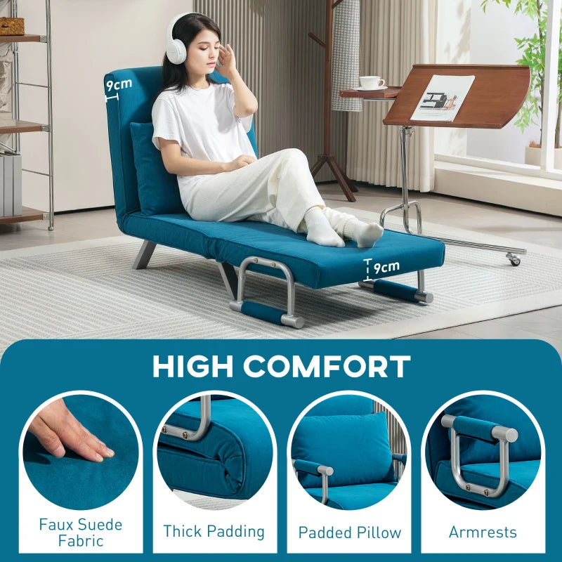 Versatile 4-in-1 Faux Suede Chair Bed in Blue for Stylish Comfort and Space-Saving Solutions