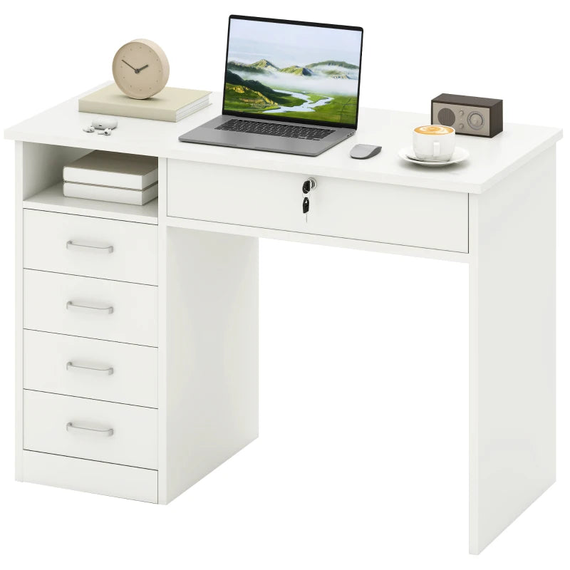Modern Home Office Computer Desk with Lockable Drawer and Storage Shelf for Study or Bedroom 110x50x76 cm White