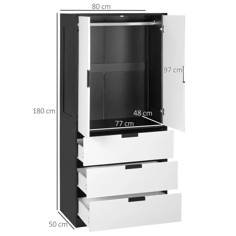 Modern Black 2 Door Wardrobe with 3 Drawers and Hanging Rod for Bedroom Storage