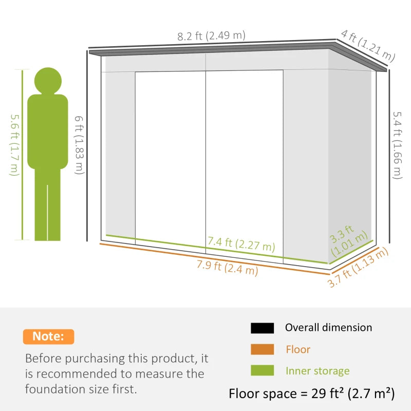 3.7ft x 7.9ft Galvanised Steel Shed With Latched Door And Padlock Doors