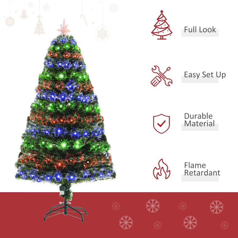 5ft Prelit Artificial Christmas Tree with Multi-Colored Fiber Optic LED Lights - Festive Holiday Home Decoration, Green Xmas Tree