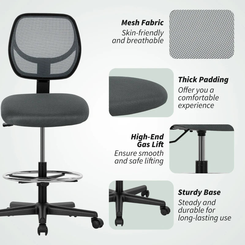 Vinsetto Ergonomic Mesh Standing Desk Chair - Adjustable Footrest & Seat Height, Charcoal Grey for Ultimate Comfort