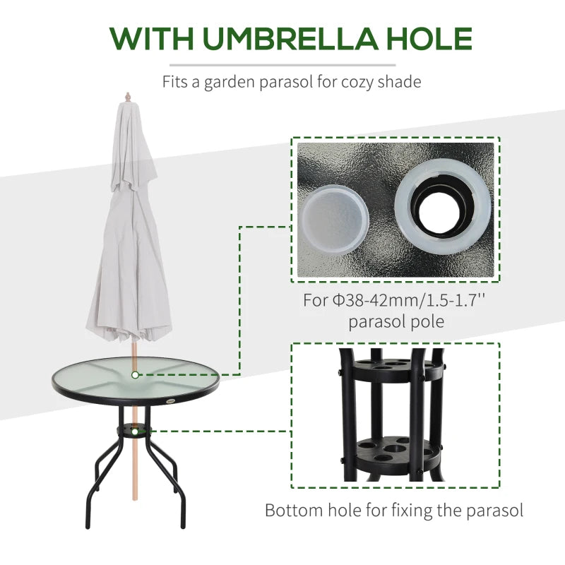 Round Outdoor Patio Table with Parasol Hole - 80cm, Tempered Glass Top, Black