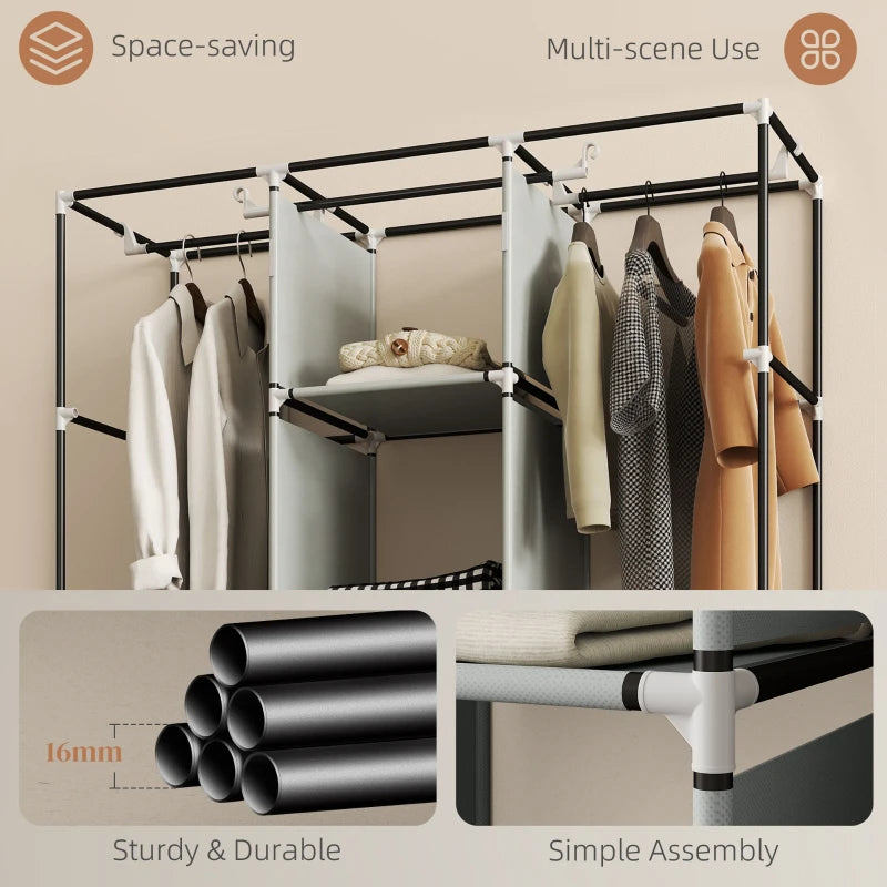 Portable Fabric Wardrobe with Shelves and Hanging Rails for Bedroom Storage Light Grey