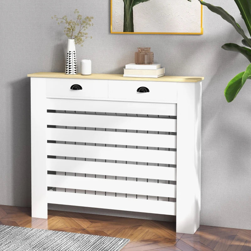 Elegant White Radiator Cover with Drawer 95.5H x 111Wcm for Home Decor