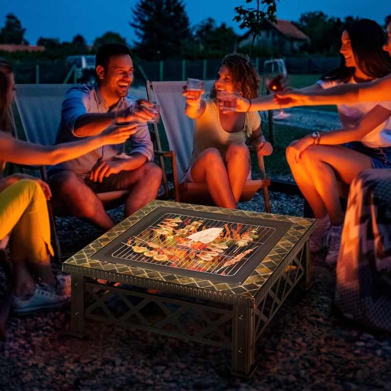 Black 3-in-1 Outdoor Fire Pit Table with BBQ Grill and Ice Bucket