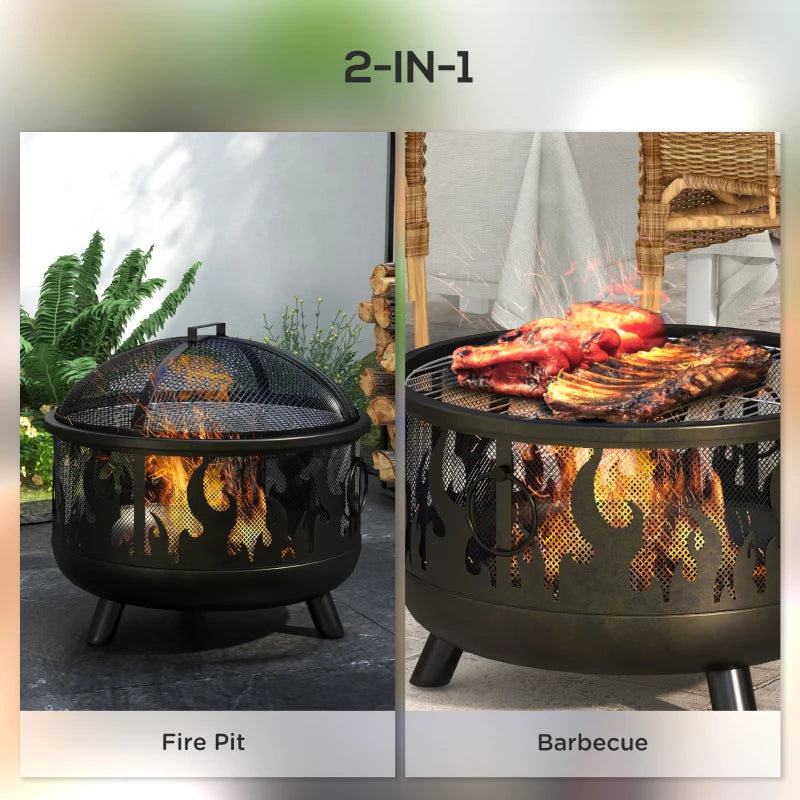 Premium Black Steel Fire Pit BBQ with Poker - Outdoor Heating & Cooking Solution for Patios, Gardens, and Backyards