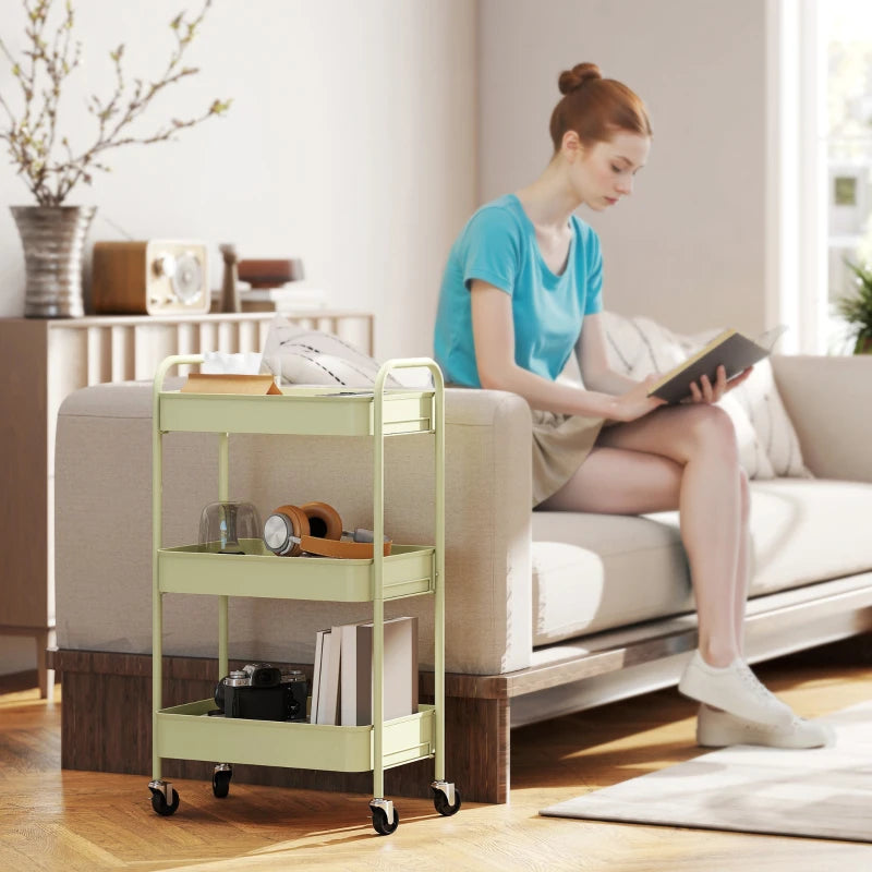 Three-Tier Green Steel Storage Trolley - Versatile Organizer Cart for Home, Office, Kitchen & Garage