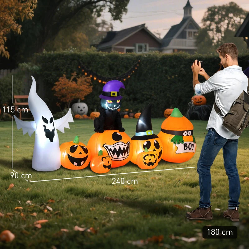 8FT Halloween Inflatables Combo - Pumpkin, Ghost & Cat with 9 LEDs - Self-Inflating Outdoor Decorations for Garden Party