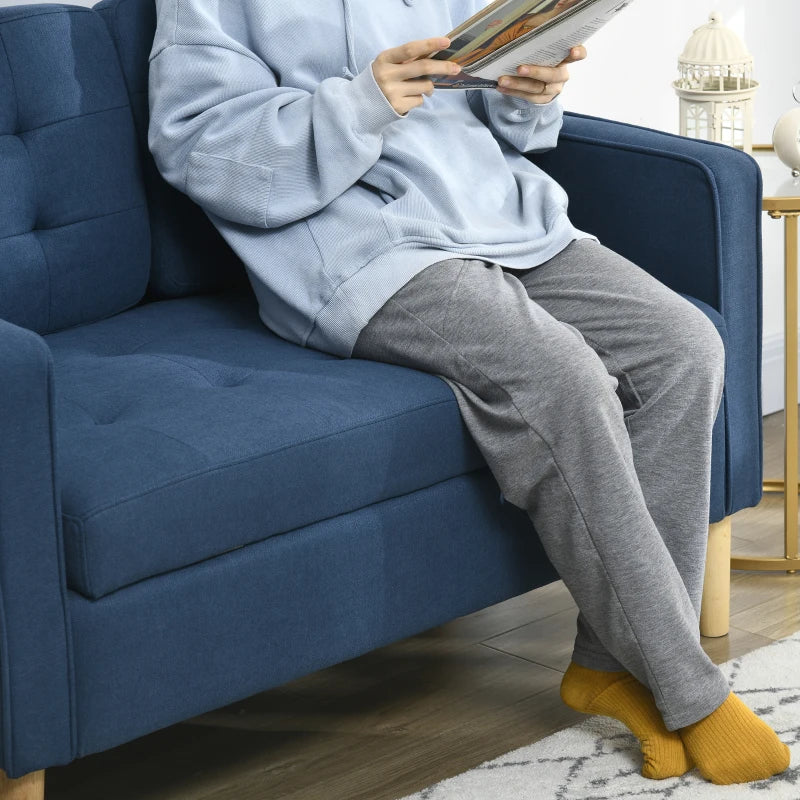 Compact Modern Loveseat Sofa with Hidden Storage, 117cm Tufted Cotton Couch with Wooden Legs in Blue
