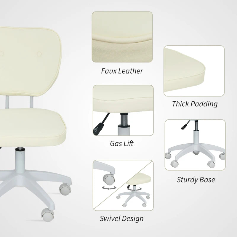 Vinsetto Cream PU Leather Vanity Office Chair - Adjustable Height, Armless Design, Swivel Wheels for Home & Office Use