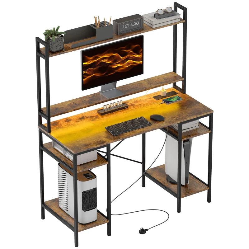 Rustic Brown Computer Desk with Power Outlets & LED Lights, Home Office Study Table, Monitor Stand & Storage Shelves