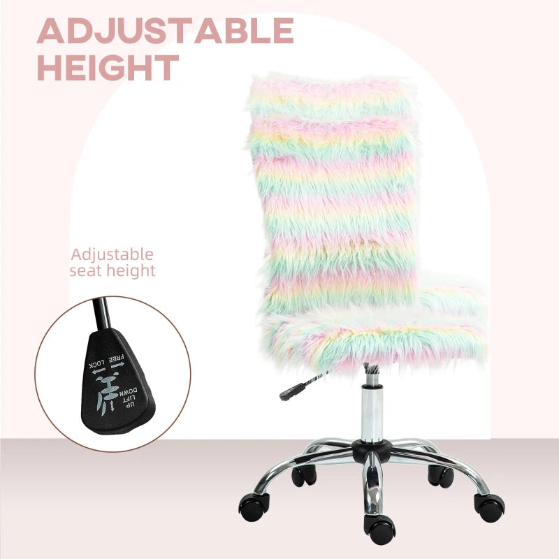 Fluffy Unicorn Desk Chair - Armless Adjustable Height Makeup Vanity Chair with Rolling Wheels for Home Study & Bedroom