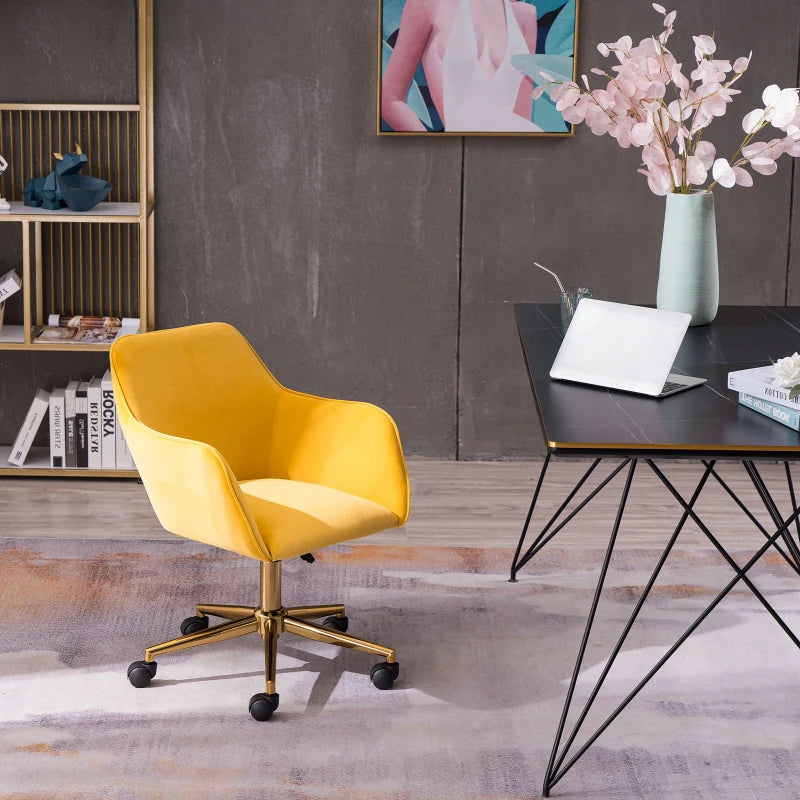 Ergonomic Yellow Velvet Swivel Office Chair with Gold Legs and Adjustable Height, 58x58x86 cm