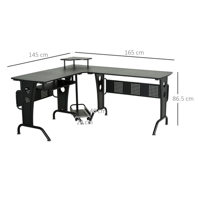 L-Shaped Gaming Desk with CPU Rack & Keyboard Tray - Space-Saving Steel Frame Home Office Desk, 165x145cm, Black
