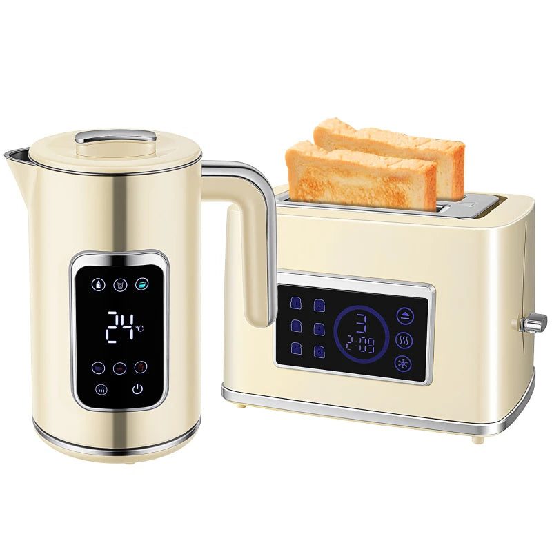 Premium Cream Touch Screen Kettle and Toaster Set - Stylish Kitchen Appliances for Modern Homes