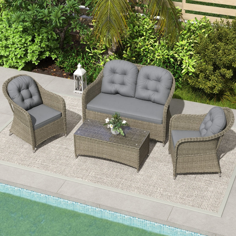 Stylish Light Grey Rattan Sofa Set with Glass Table