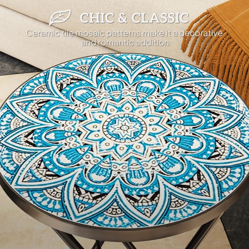 Mosaic Round Folding Garden Table, 35.5cm Blue Coffee Table for Balcony & Terrace