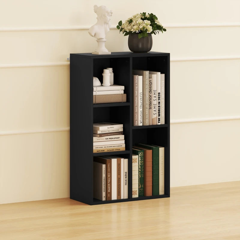 Stylish 2-Tier Black Bookshelf with 5 Spacious Compartments - Perfect for Home or Office Storage