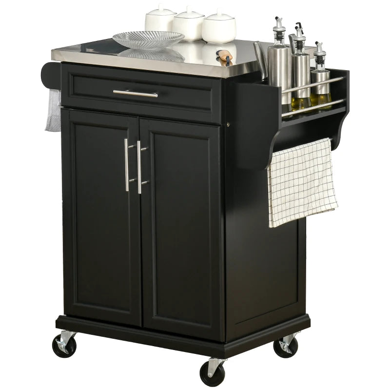 Wooden Kitchen Island on Wheels - Black Serving Cart with Stainless Steel Top, Drawer, Side Handle & Storage Rack