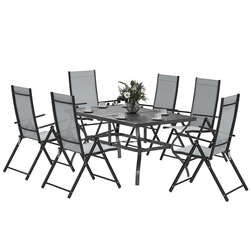 7-Piece Steel Outdoor Dining Set with Parasol Hole - Grey - Perfect for Patio and Garden