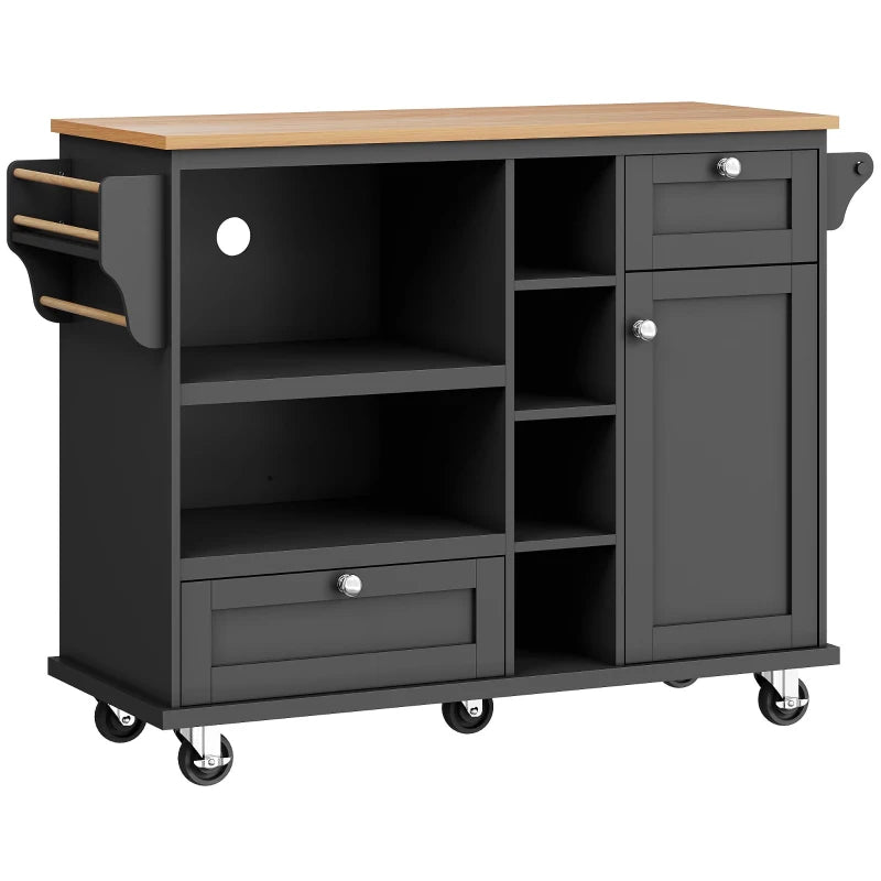 Mobile Kitchen Trolley with 5 Wheels, Drawers & Cupboards - Wooden Food Cart for Kitchen Organization, 129L x 46W x 92H cm, Black