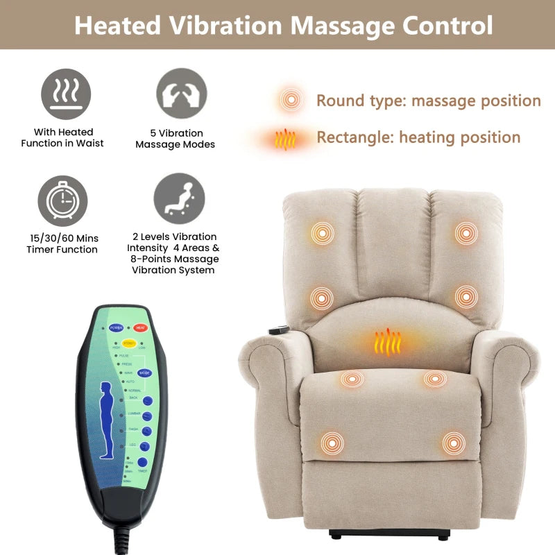 Electric Power Lift Massage Chair with Heating, Side Pockets, Stand Assist, Cup Holders, Recliner for Elderly, Beige