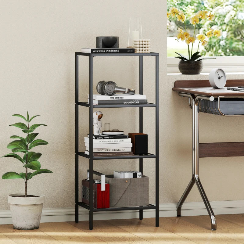 4-Tier Glass Shelving Unit - Stylish Vertical Storage Shelf for Living Room, Home Office, Bedroom & Bathroom - Black