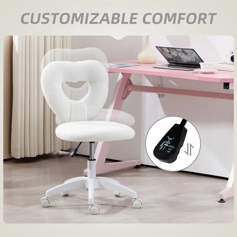 Armless Heart Computer Desk Chair - Teddy Fleece Swivel Office Chair, Adjustable Height, Wheels, Ideal for Home Study & Bedroom, White
