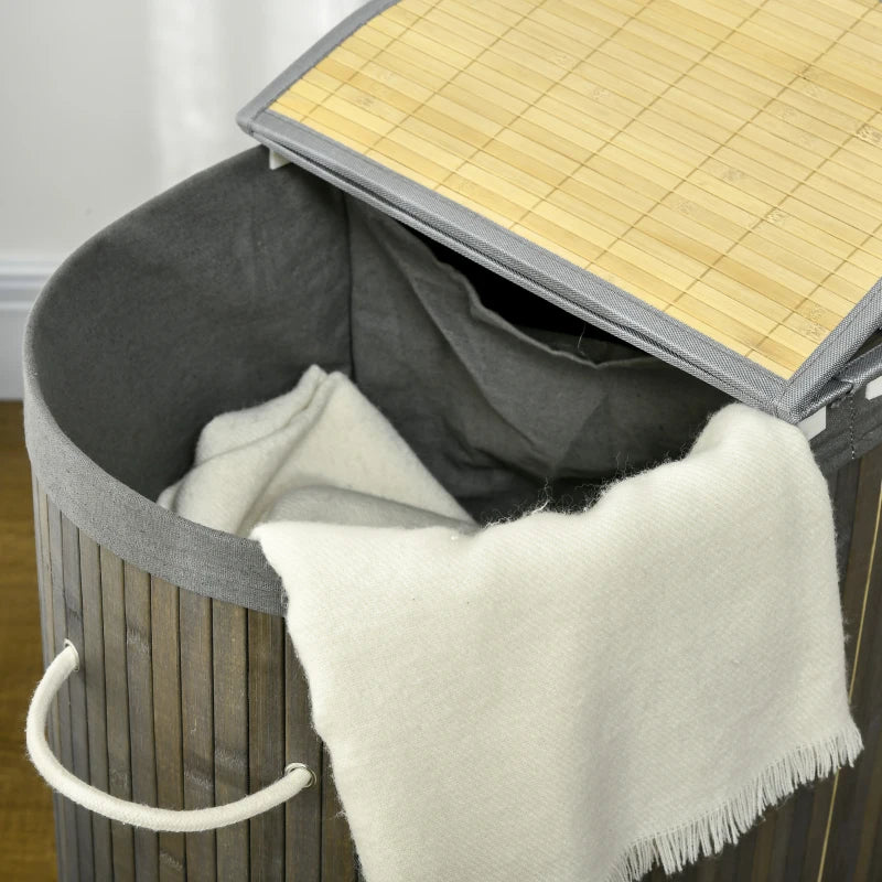 Bamboo Laundry Basket with Lid - 100L Hamper, 2 Sections, Removable Washable Lining, Grey, 62.5x37x60.5cm